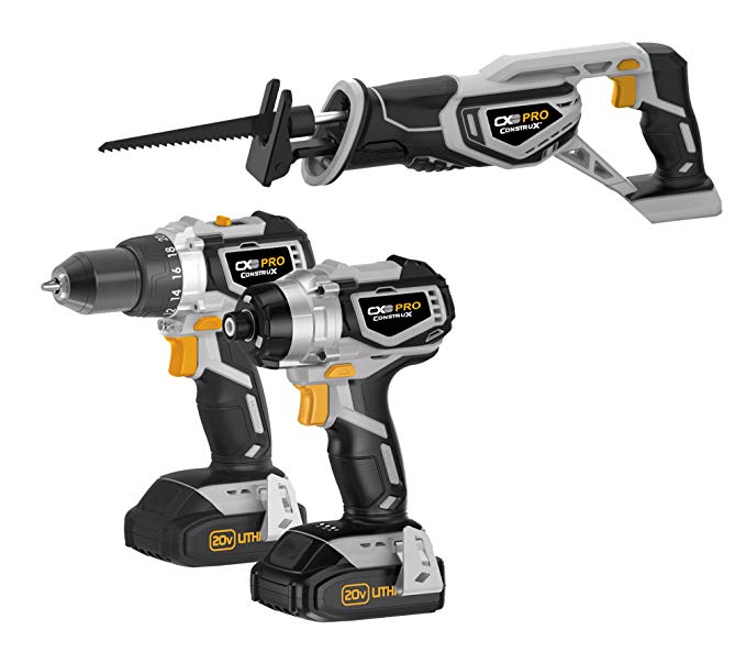 CONSTRUX PRO CXP20VDIR 20V Max Drill, Impact Driver, Reciprocating Saw Combo Kit