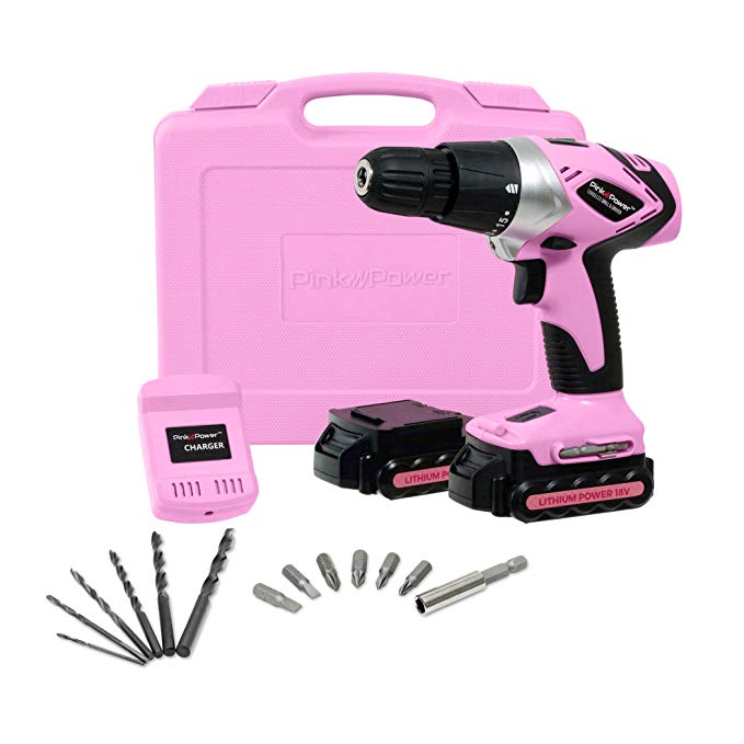 Pink Power PP182LI 18 Volt Lithium-Ion Cordless Electric Drill Driver Kit for Women- Tool Case, Drill Set, 2 Batteries & Charger