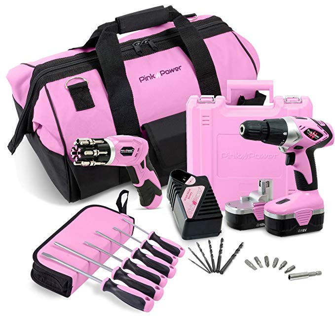 Pink Power 18V Cordless Drill Driver & Electric Screwdriver Combo Kit with 20” Tool Bag