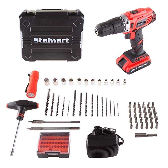 Stalwart 75-PT1005 20V Lithium Ion 62 Pc 2 Speed Hammer Drill & Accessory Kit,