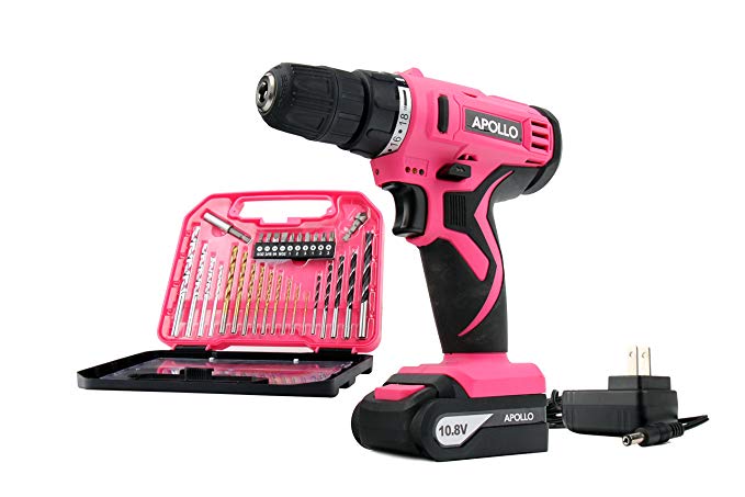 Apollo Tools DT4937P Powerful 10.8 V Lithium-Ion Cordless Drill with 30 Piece Drill Bit Set Pink Ribbon