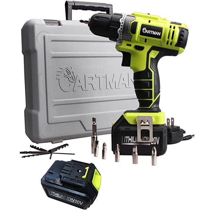 Cartman 20V Li-ion Battery Cordless Drill/Driver, 2-Speeds 1500RPM 21+1 Speed Control with 12 Bits, 2 Battery Pack