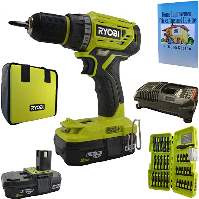 Ryobi P252 Brushless Drill/Driver Bundle, 18-Volt ONE+ Lithium-Ion Cordless with 34 Piece Impact Driving Kit and Home Improvement Book