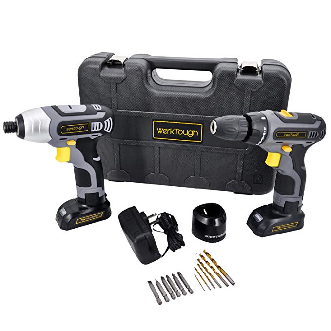 Werktough CC006 Cordless Drill Driver Impact Screwdriver Kit Double Li-on Battery With Charger 1/4