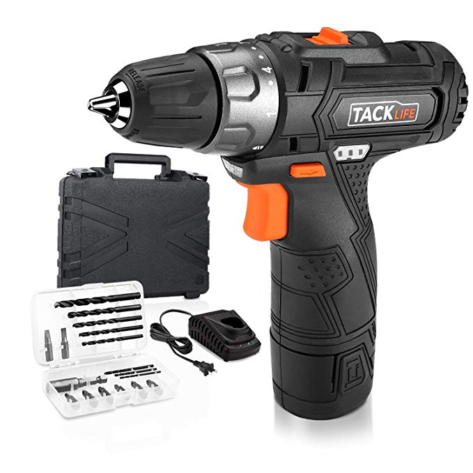 Tacklife PCD02B 12V Lithium-Ion Cordless Drill/Driver 3/8-Inch Chuck Max Torque 220 In-lbs, 2 Speed, 1 Hour Fast Charger, 19+1 Position with LED, 17pcs Drill/Driver Bits Included, Black