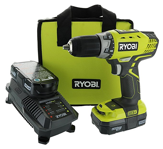 Ryobi P1811 One+ Compact Drill / Driver Kit (5 Piece Bundle: 1x P208 Drill / Driver Power Tool, 2x P102 18 Volt Battery, 1x P118 18 Volt Battery Charger, 1x Lime Green Ryobi Tool Bag)