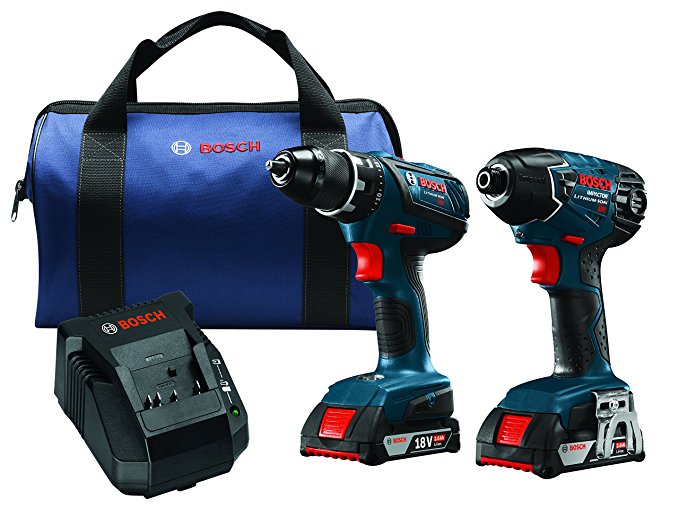 Bosch 18-Volt Cordless Drill Driver/Impact Combo Kit CLPK232A-181 with 2 Batteries (2.0 AH Slim Pack Batteries), 18V Charger and Blue Carrying Case